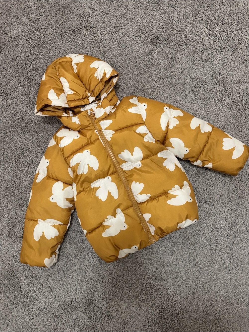 H&M Mustard Yellow Puffer Jacket with White Bird Print
